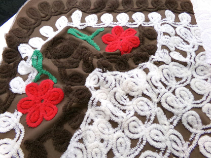 Chocolate Brown Vintage Chenille Bedspread Fabric, cherry red flowers & white swirls sewing material, 20" x 24"