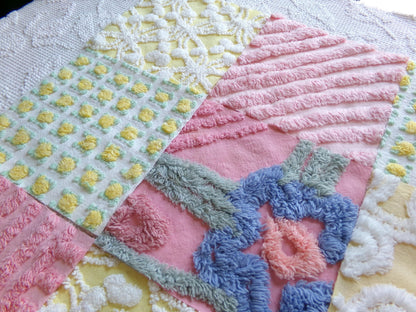 vintage chenille fabric squares, "buttercup baby" set of 16 floral 6" quilt blocks in colorful pink & yellow, for quilting, crafts, sewing