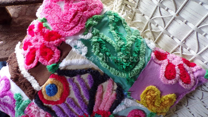 PATCHWORK Rainbow Butterfly Chenille Pillow Cover 16" x 16" Square, REVERSIBLE Accent Pillow Designed from Vintage Chenille Bedspread Fabric