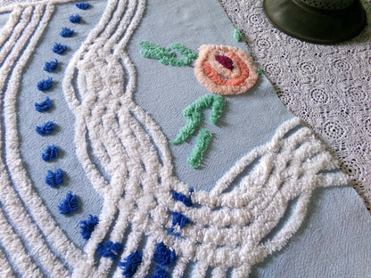 Coastal Cottage Vintage Chenille Fabric, Blue Rose Floral Sewing & Quilt Material 21" x 23"