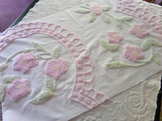 Modern Vintage Style Chenille Fabric White Pink Plush Floral Cottagecore 21x34"