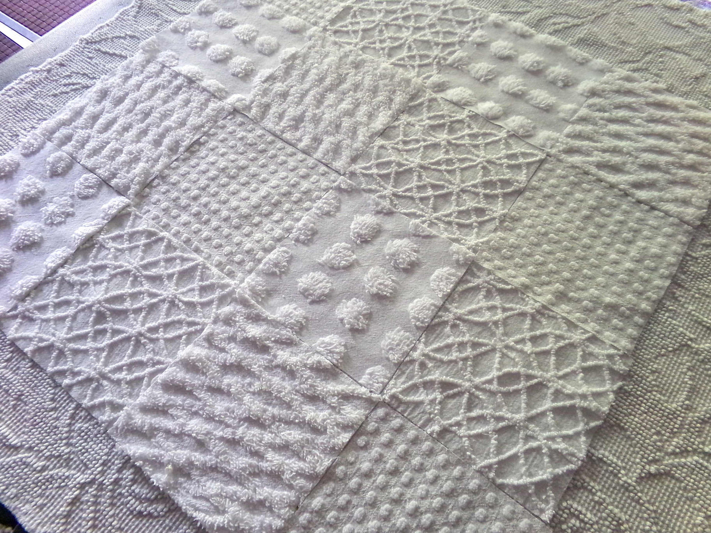 Snow White 6" Chenille Fabric Squares, Set of 16 Quilt Blocks, Classic Dots, Pops, Diamond patterns cut from vintage chenille bedspreads