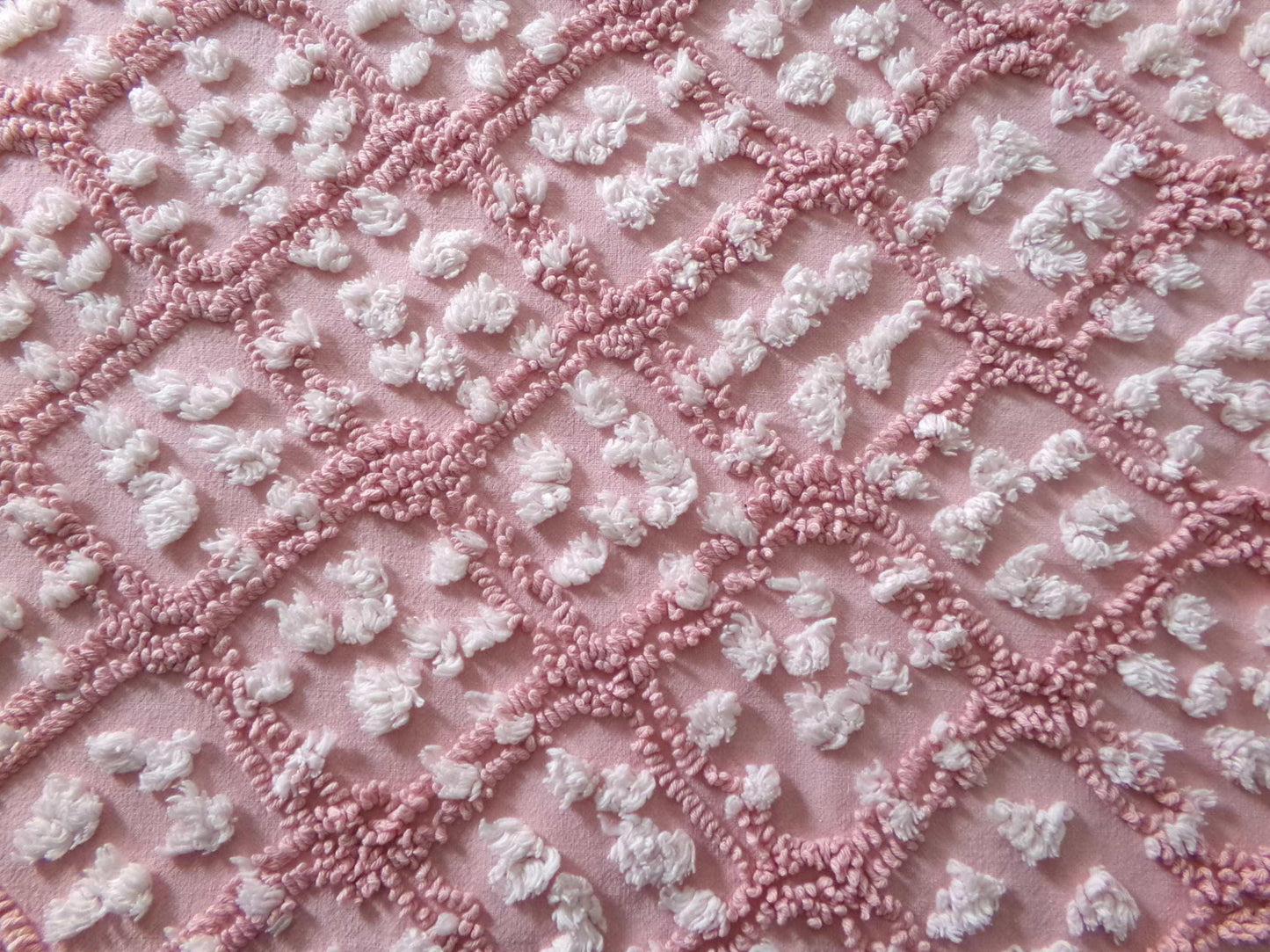 rose pink vintage chenille fabric, tumbling block mauve & white geometric design, 28" x 22" piece sewing material
