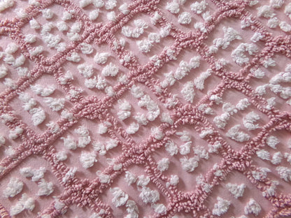 rose pink vintage chenille fabric, tumbling block mauve & white geometric design, 28" x 22" piece sewing material