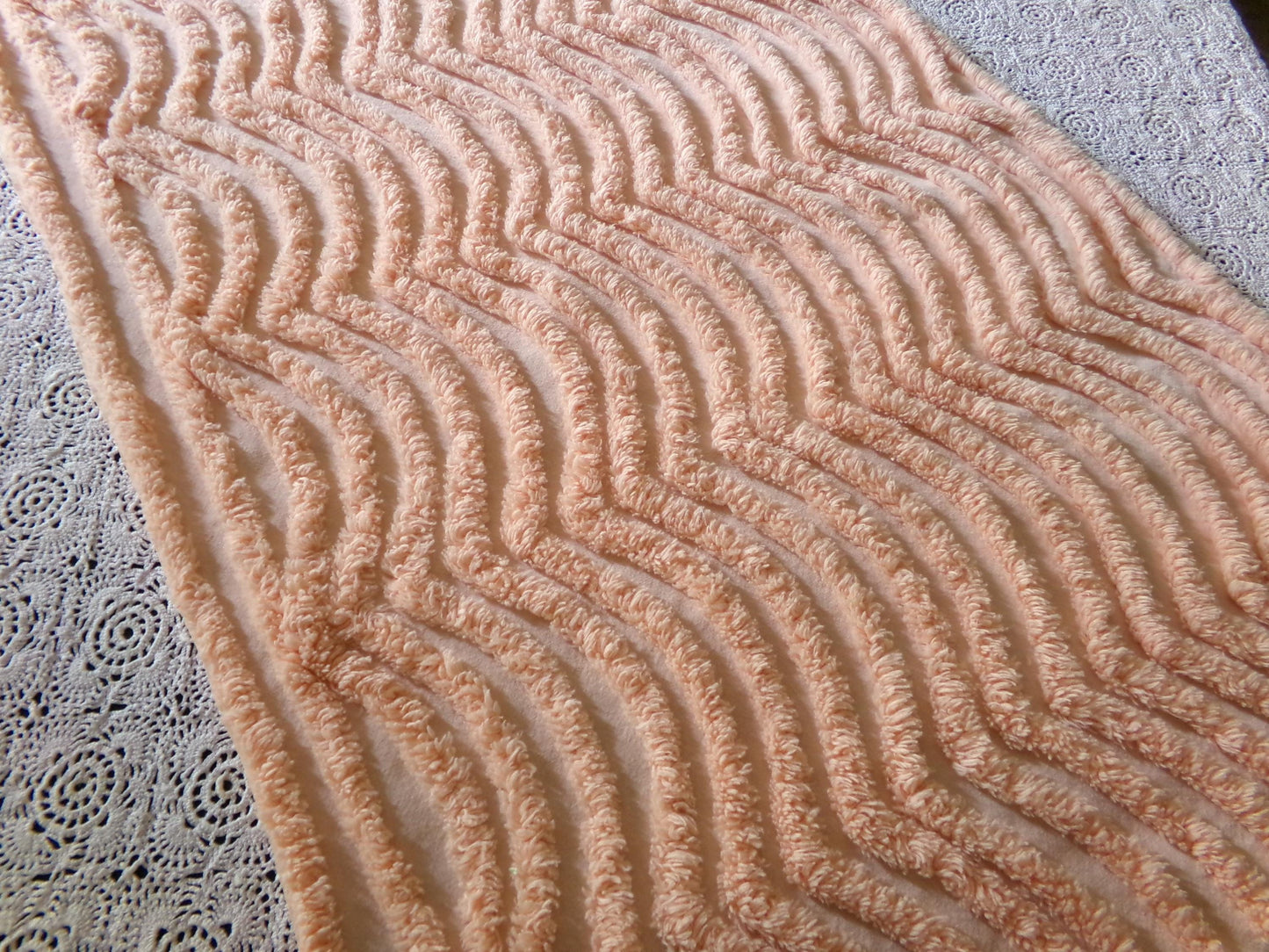 swirling peach waves vintage tufted fabric, 17.5" x 32" inch piece, plush chenille texture, sewing material for quilts, pillows