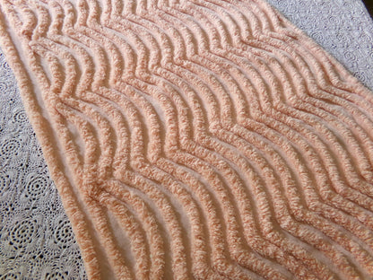 swirling peach waves vintage tufted fabric, 17.5" x 32" inch piece, plush chenille texture, sewing material for quilts, pillows