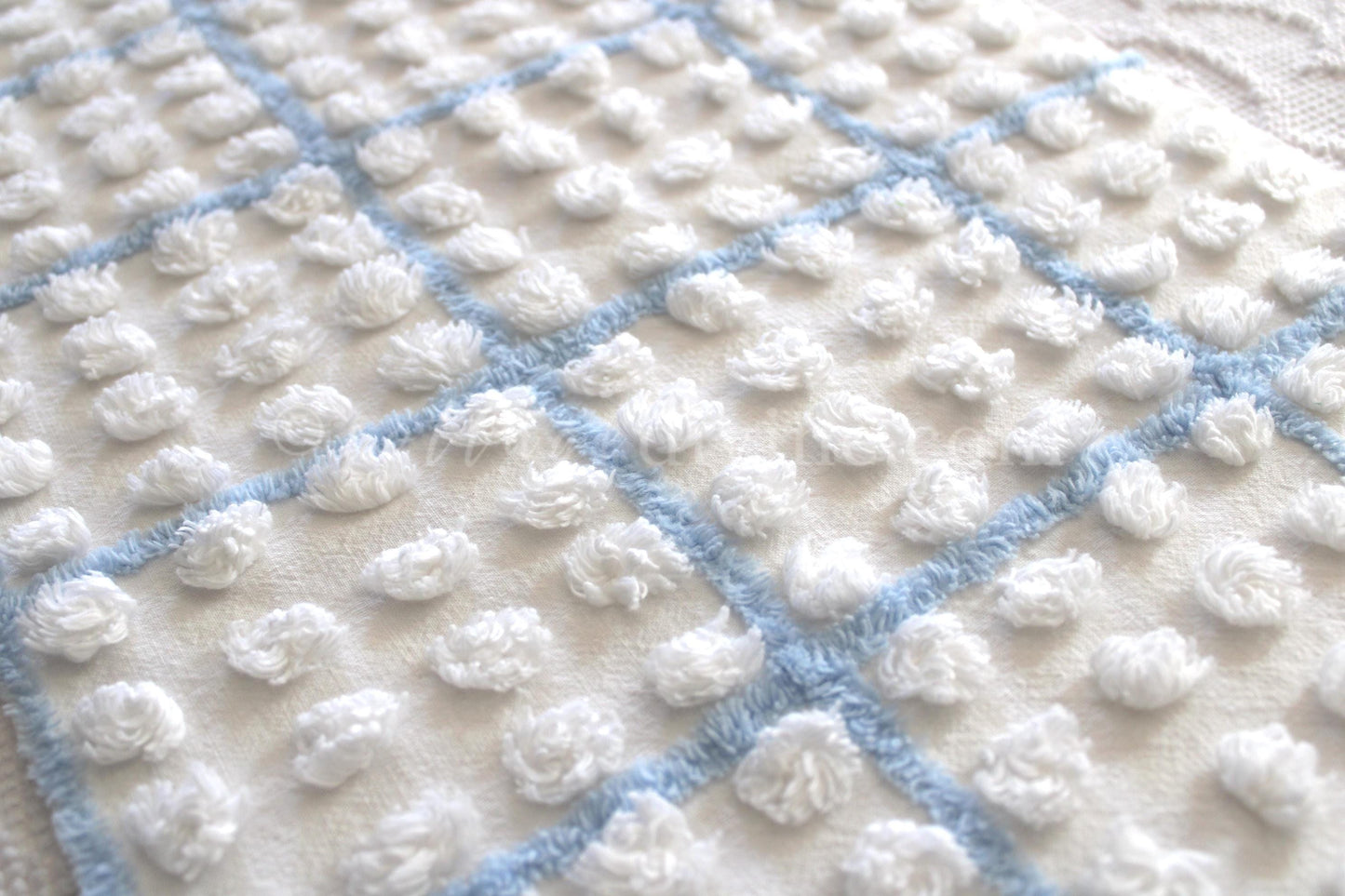 coastal blue & white vintage chenille fabric, puffy textured pops, 12" x 18" cut piece