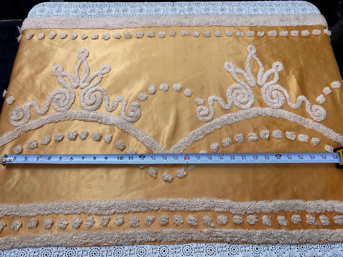 Vintage Gold Satin Fabric, Scroll Tufted Chenille Crowns 23x36" Piece
