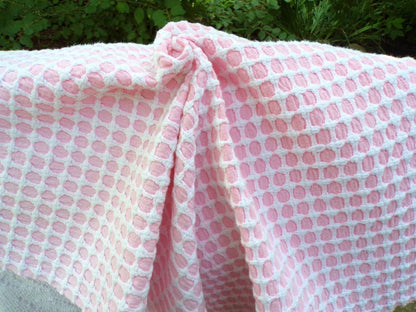 Carnation Pink White Vintage Woven Chenille Fabric Lady Galt Honeycomb Cross 22x24"