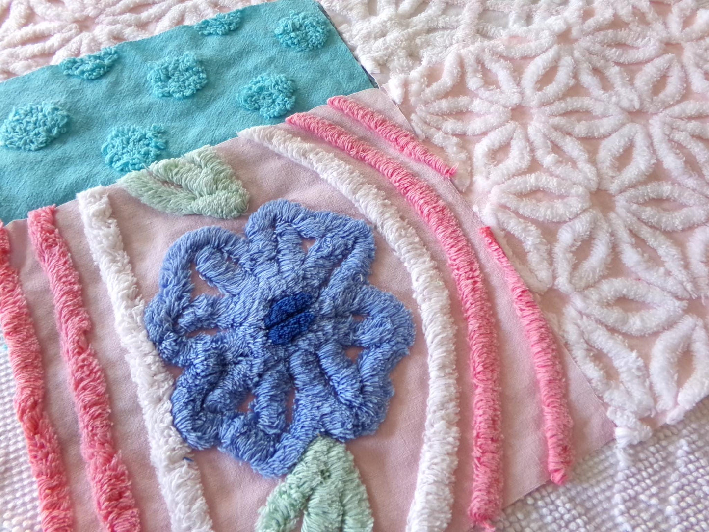 chenille fabric squares, set of 6 large 9.5" square quilt blocks from vintage chenille bedspreads, pretty daisy, plush floral, dots