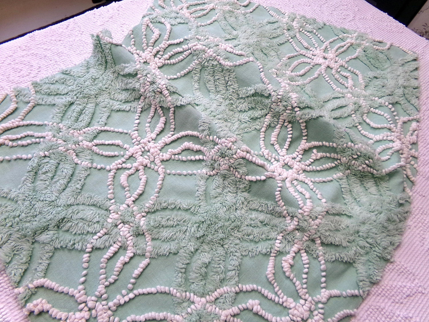 trendy jade green vintage chenille fabric: 18" x 24" piece w/ contrast spider rings for quilting, crafts
