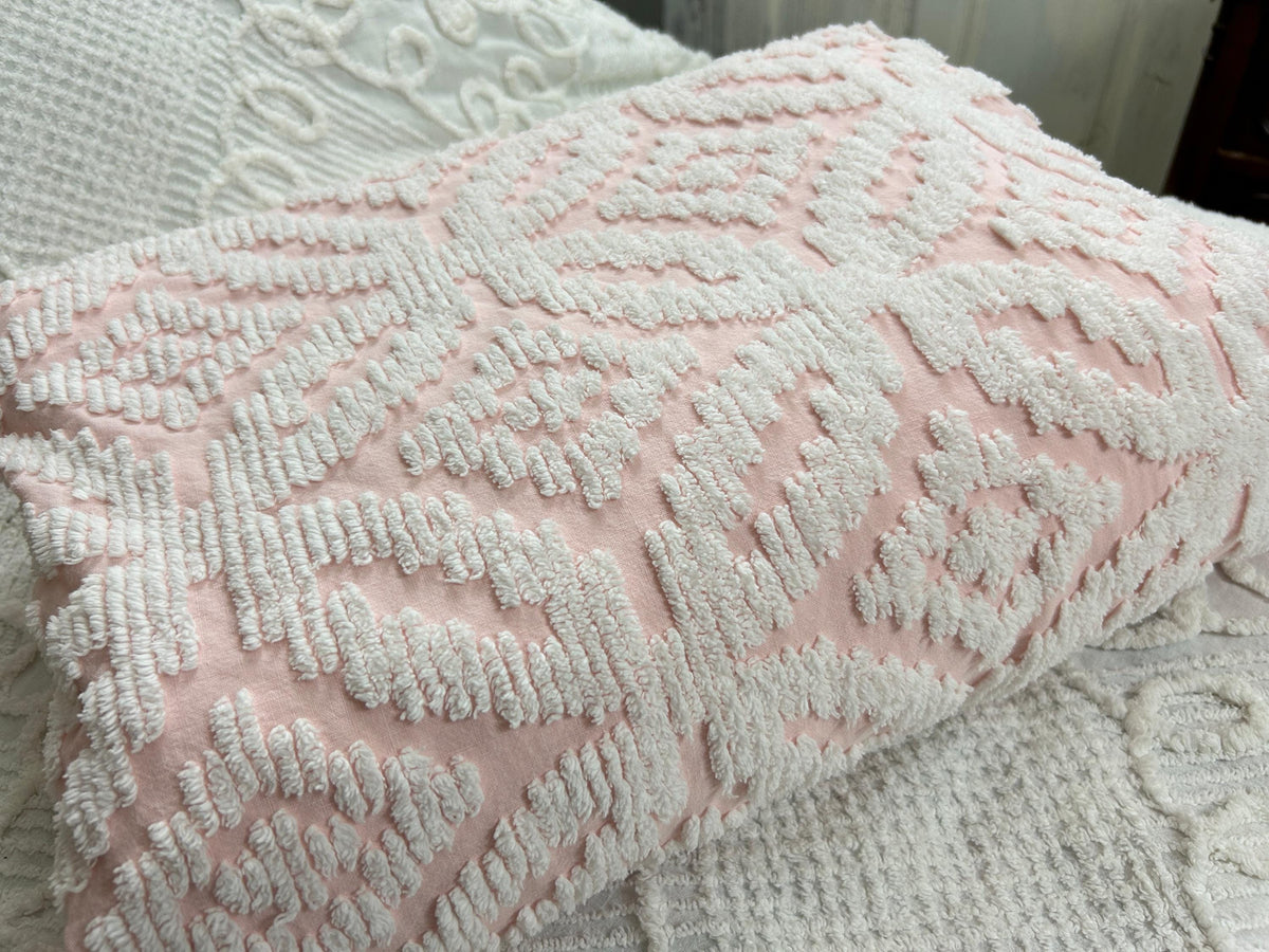 Vintage White & Pink Chenille Bedspread, Twin Size Coverlet, Accent Fringe