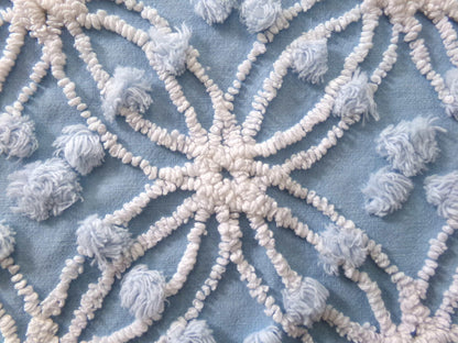 mystic coast blue vintage chenille fabric, 20" x 25" piece quilt & sewing material, white wedding rings with overtufted pops