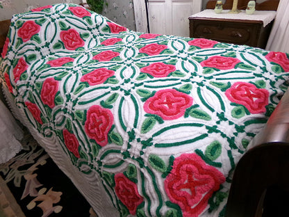 Shabby Rose Vintage Chenille Bedspread Tufted White Full Size 100% Cotton Bedding