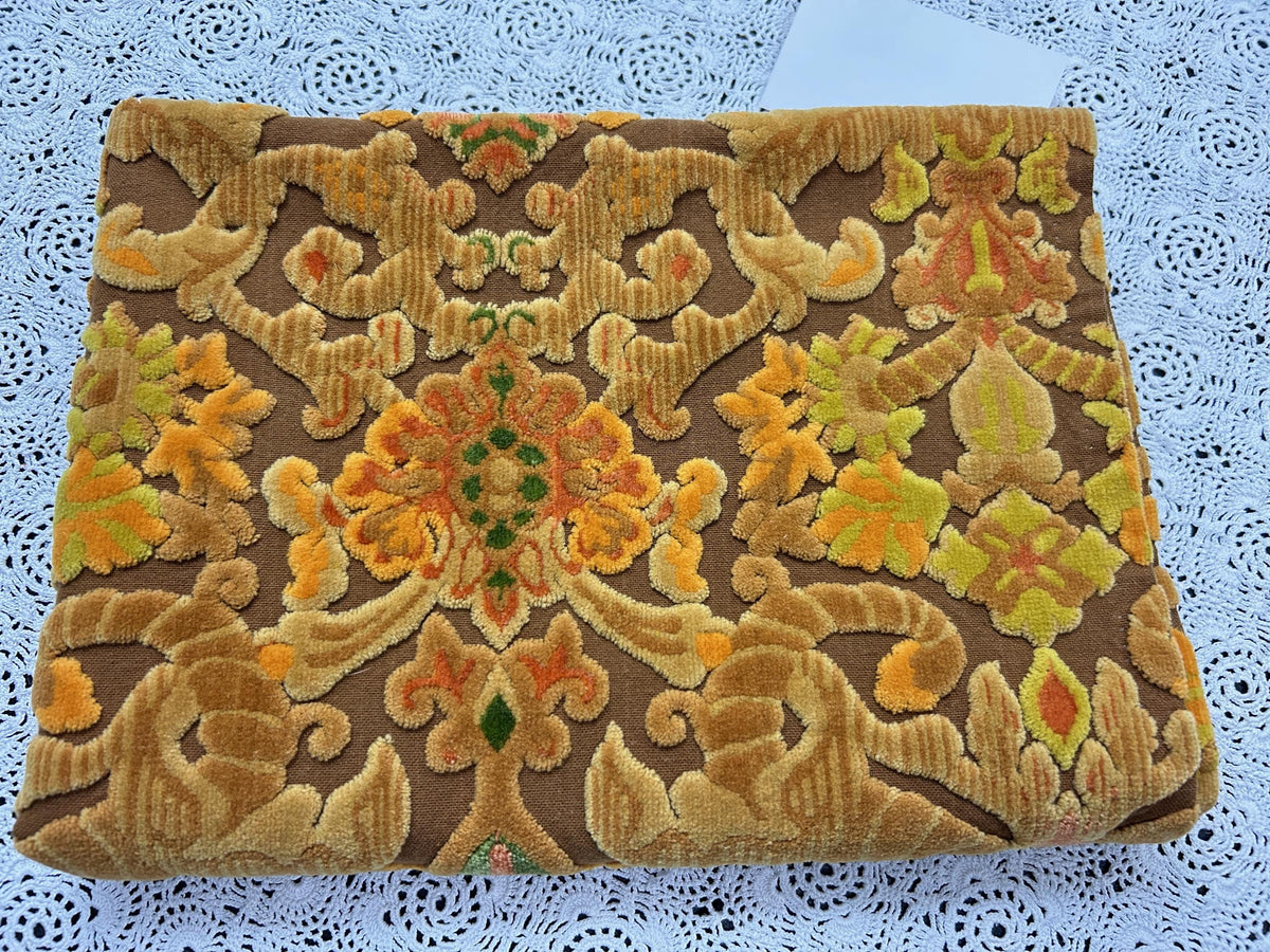 Vintage Cut Velvet Fabric, Copper Brown Boho Tapestry Style Chenille Material 31x21"