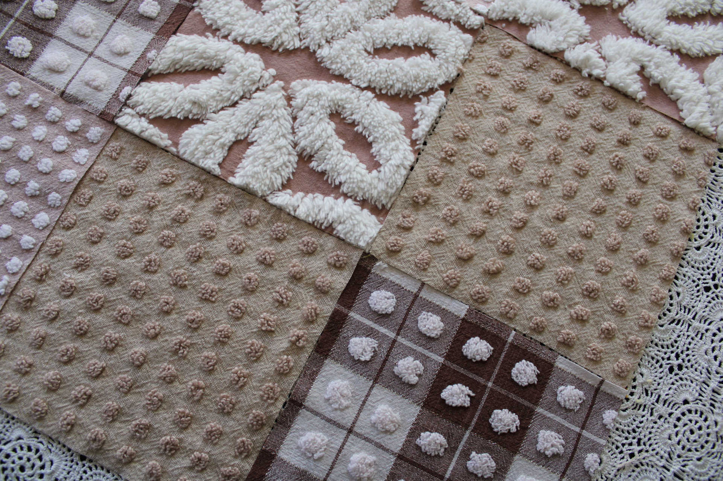 Cozy Mocha Chenille Quilt Squares Set, from Vintage Bedspread Fabric, 16 Blocks, 6" x 6" inches each, Pops & Daisies