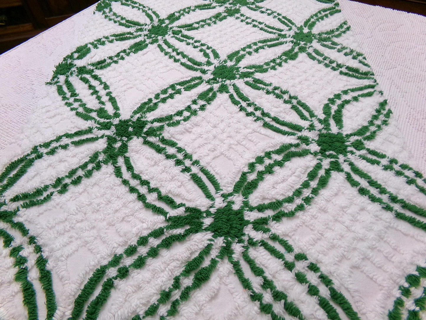 Vintage Green White Chenille Fabric Piece, Interlocking Geometric 18x24" Quilt Material