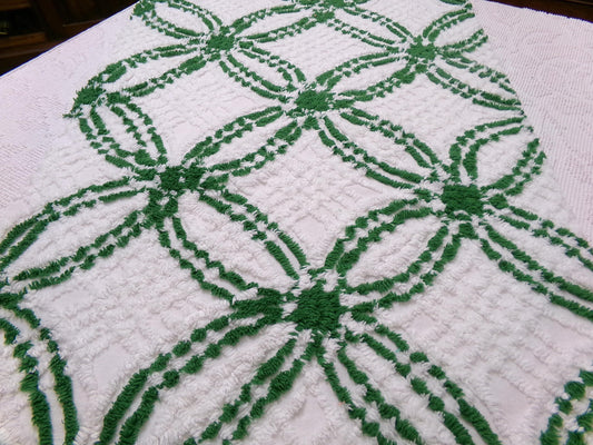 Vintage Green White Chenille Fabric Piece, Interlocking Geometric 18x24" Quilt Material