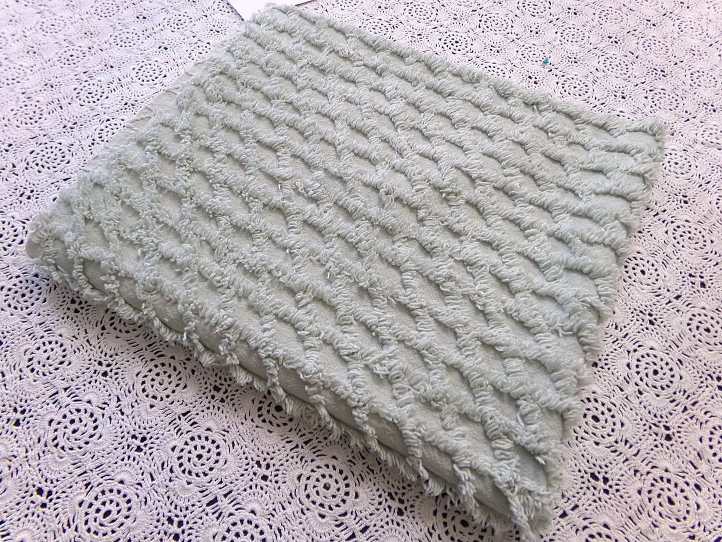 Calming Sage Vintage Chenille Bedspread Fabric Green Diamond Lattice 20x24"