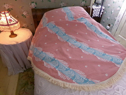 old hollywood regency style vintage woven bedspread, pink fieldcrest twin coverlet