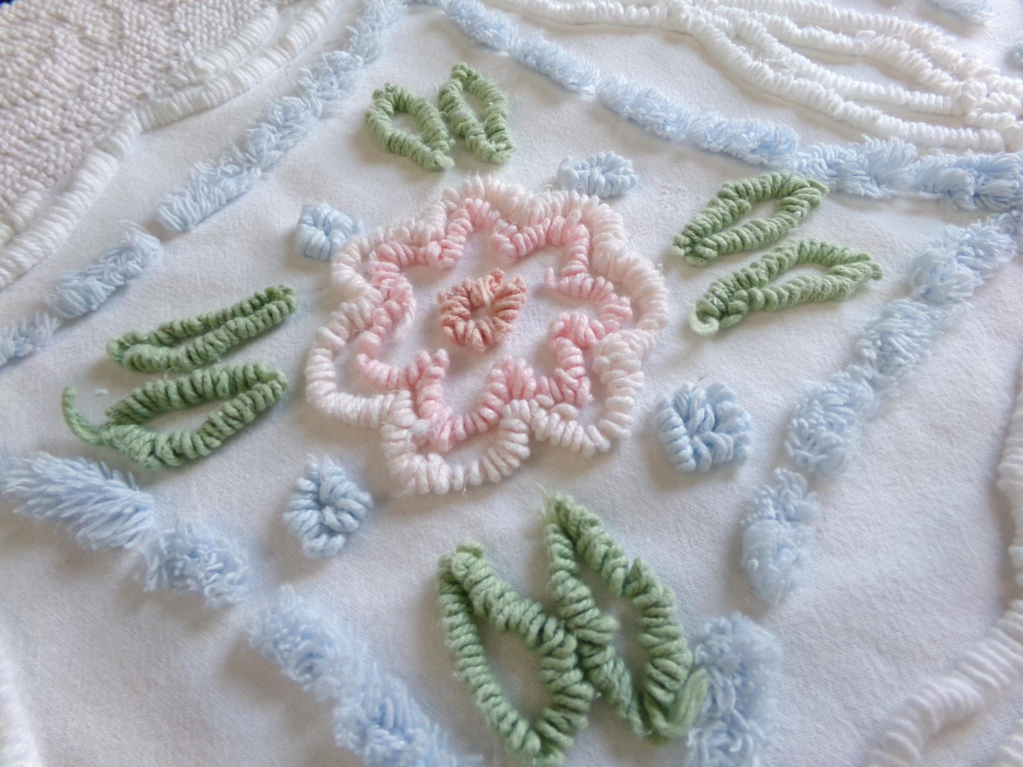 Shabby Cottage Chic Vintage Chenille Fabric, 25" x 21" Piece of White Pink Blue Floral Cotton Sewing Material, Upcycle into Pillows, Quilts