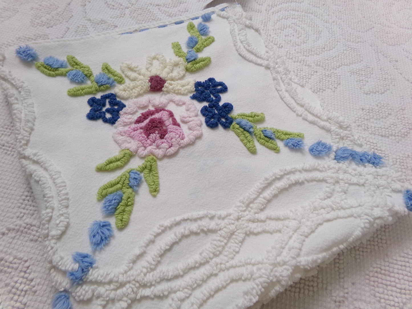 Shabby Coastal Vintage Chenille Fabric, Blue & White Floral Sewing Material 21" x 23" Piece