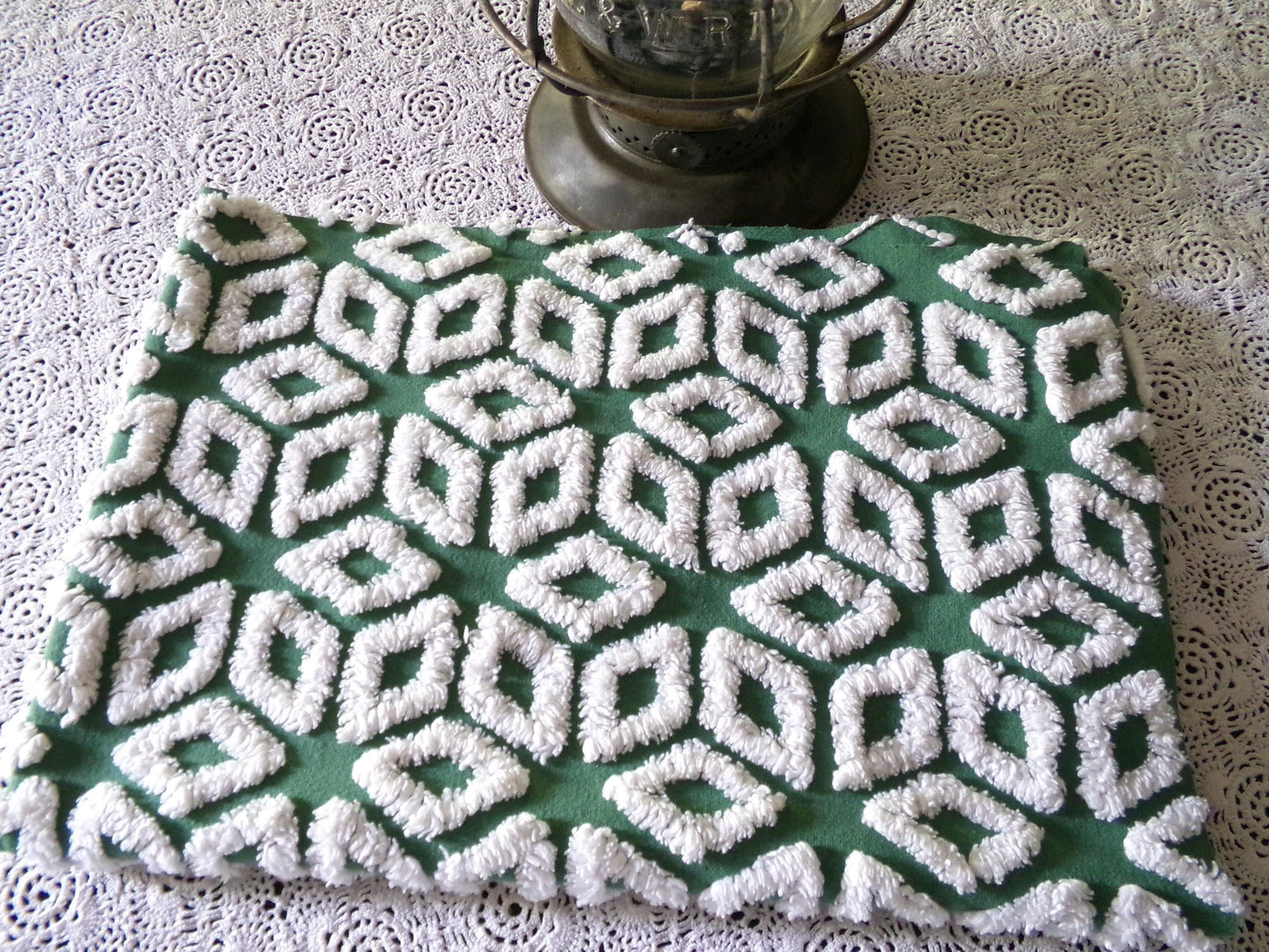 white snowflakes on rich green vintage chenille fabric, 18" x 25" inch piece of cotton sewing material for quilting & crafts