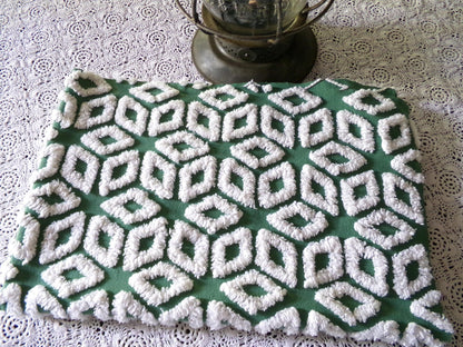 white snowflakes on rich green vintage chenille fabric, 18" x 25" inch piece of cotton sewing material for quilting & crafts