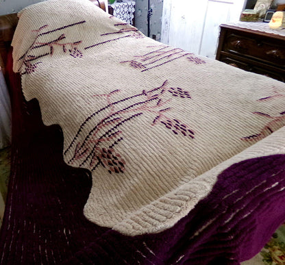Art Deco Vintage Chenille Bedspread in Iconic Cattail Design, Shabby Antique Twin Size Bedding, #1