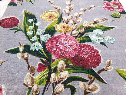 Pussy Willow Dahlia Bouquet Vintage 1940s Barkcloth Fabric Botanical Floral 21" x 19" Piece