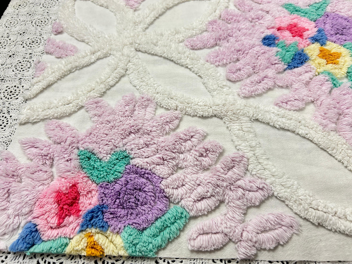 Vintage Chenille Fabric, Lavender Pink Floral Tufted 18x26" Craft Piece