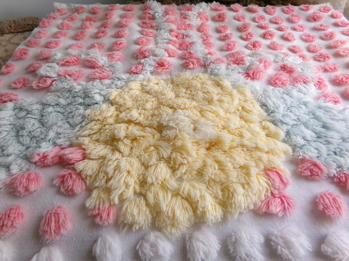 Precious Pink Pops Vintage Chenille Fabric, 15" x 28" Inch Piece, 100% Cotton, Antique Handtufted Plush Flower, Great for DIY Pillows