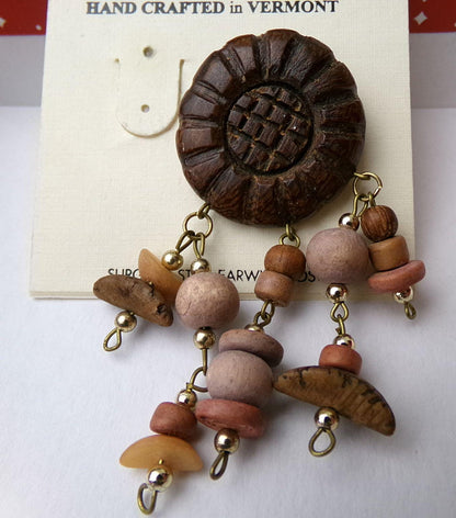 Boho Vintage Silver Forest Wood Dangle Earrings, Pierced Post Back