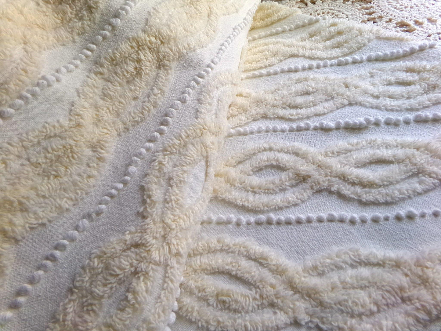 elegant infinity tuft vintage chenille fabric with little pearl pops in warm buttercream, 20" x 22" inch piece of sewing material