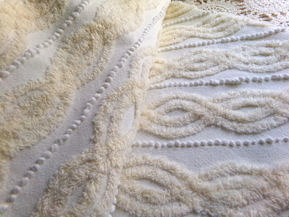 elegant infinity tuft vintage chenille fabric with little pearl pops in warm buttercream, 20" x 22" inch piece of sewing material