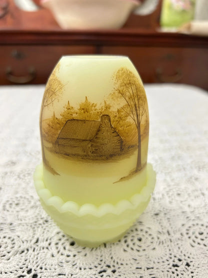 Vintage Fenton Fairy Lamp Secluded Log Cabin Country Hand Painted Artist Signed