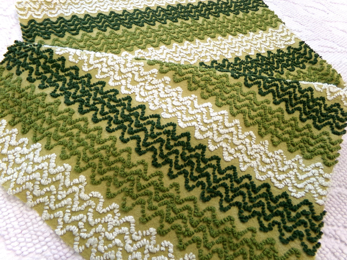 groovy green zig zag vintage chenille fabric, earthy avocado, olive textured pattern, 18" x 24" cut piece for arts & crafts