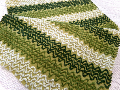 groovy green zig zag vintage chenille fabric, earthy avocado, olive textured pattern, 18" x 24" cut piece for arts & crafts