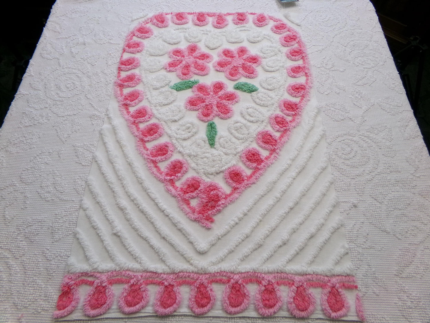 big pink heart vintage chenille fabric, popular floral center pattern, 16" x 26" piece of sewing material for quilting, crafts