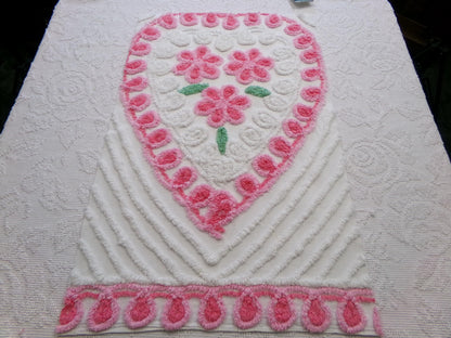 big pink heart vintage chenille fabric, popular floral center pattern, 16" x 26" piece of sewing material for quilting, crafts