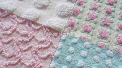 Classic Cottage Chic Chenille Fabric Squares, Set of 16 Vintage 6" Quilt Blocks, Pretty Pink Rosebud, Aqua & White
