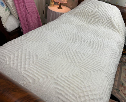 Quietly Bold Vintage Chenille Bedspread, Nested Squares & Diamonds, Full Size