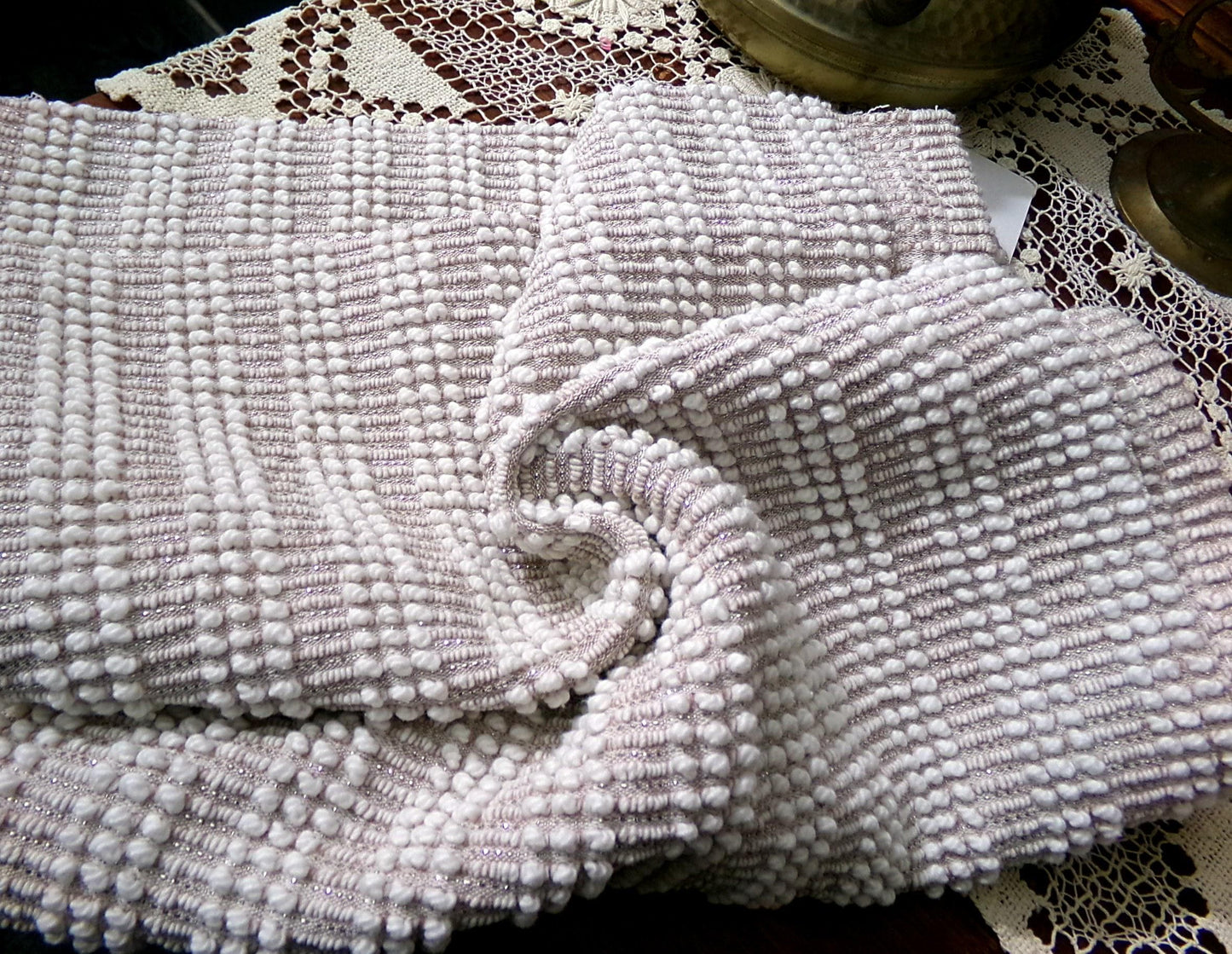 Chic Mocha Vintage Chenille Fabric Silver Lurex & White Pearl Pops 20" x 24"