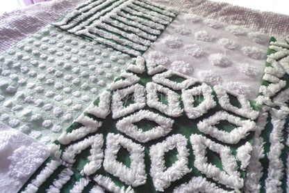 Lucky Star Quilt Squares Set, Rotary Cut from Vintage Chenille Bedspread Fabric, 16 Blocks, 6" x 6" inch, Green & White