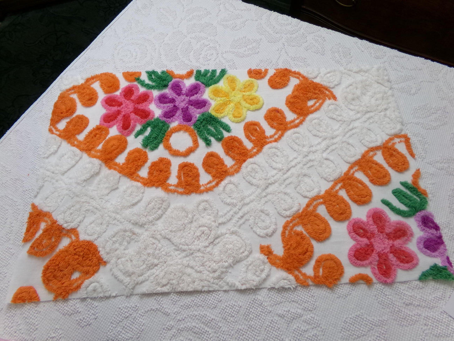 citrus floral vintage chenille bedspread fabric, orange & white quilt material, 16" x 25"