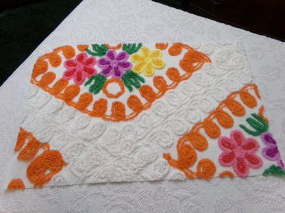 citrus floral vintage chenille bedspread fabric, orange & white quilt material, 16" x 25"