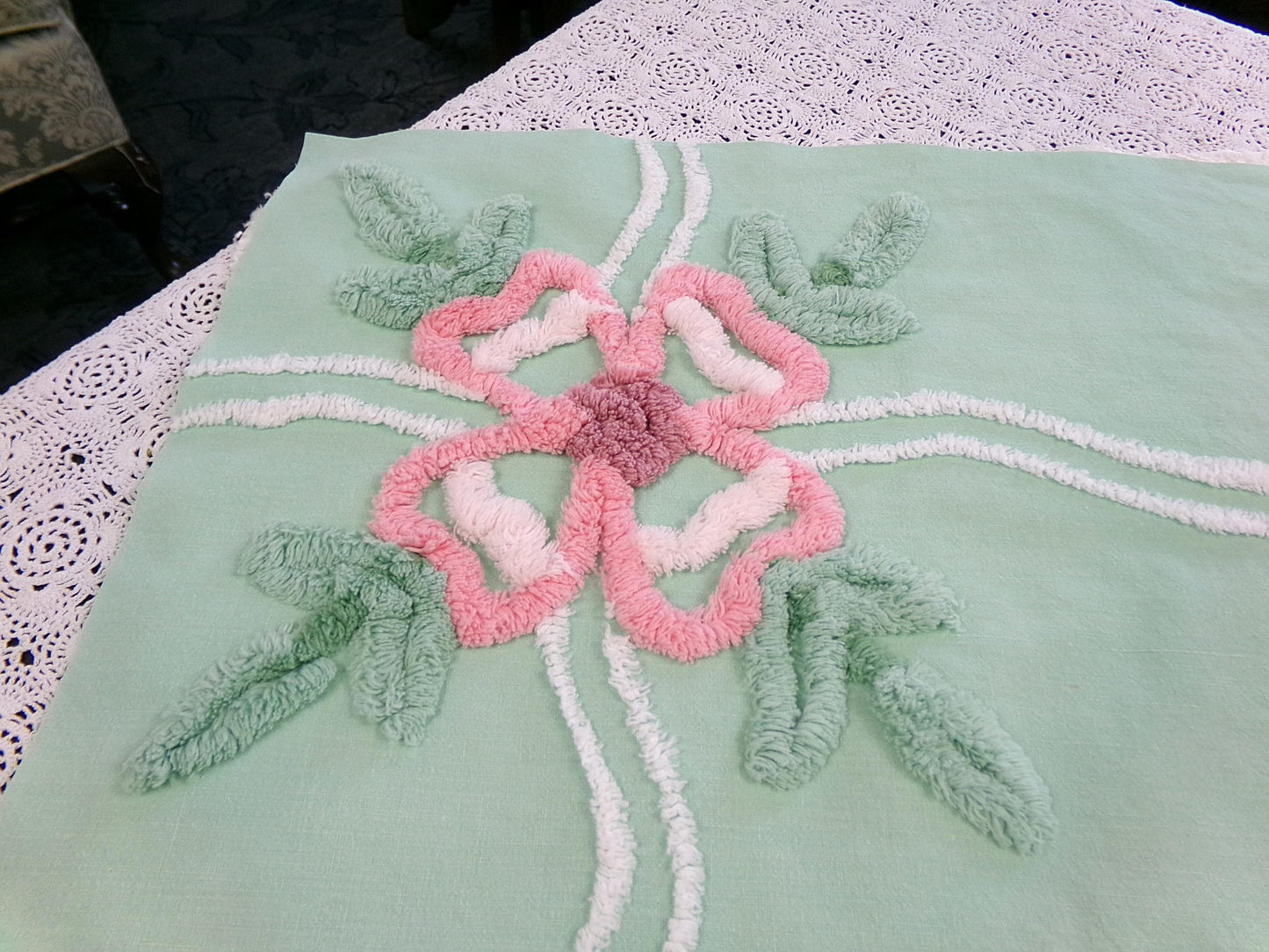 Shabby Soothing Green Vintage Chenille Fabric, Pink Rose Florals, 20 x 27"