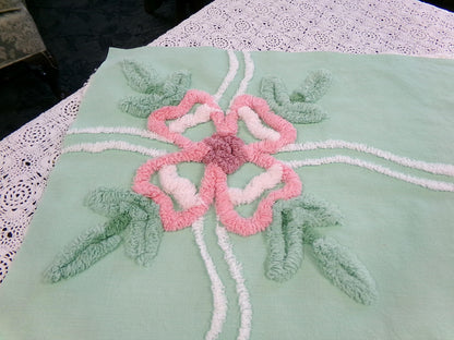 Shabby Soothing Green Vintage Chenille Fabric, Pink Rose Florals, 20 x 27"