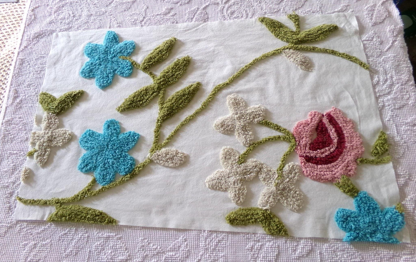 wild rose vintage chenille fabric, sewing material for floral appliques, quilts 15" x 26"