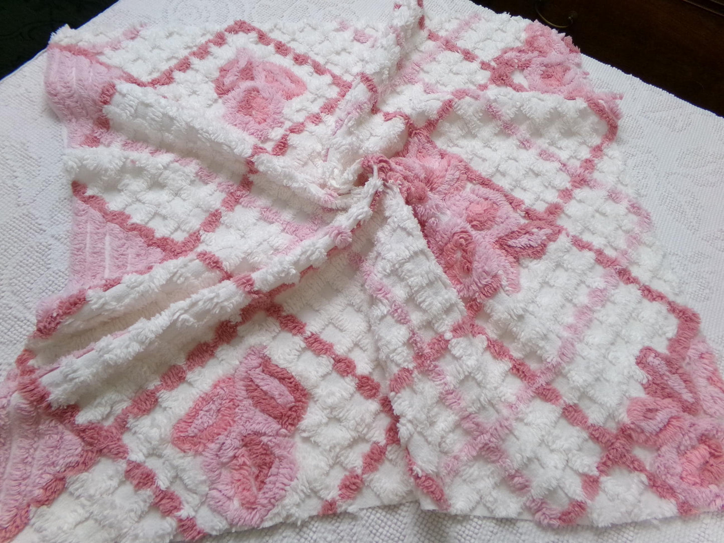 pink & white vintage chenille fabric, geometric rose floral design, 23" x 26" piece sewing material